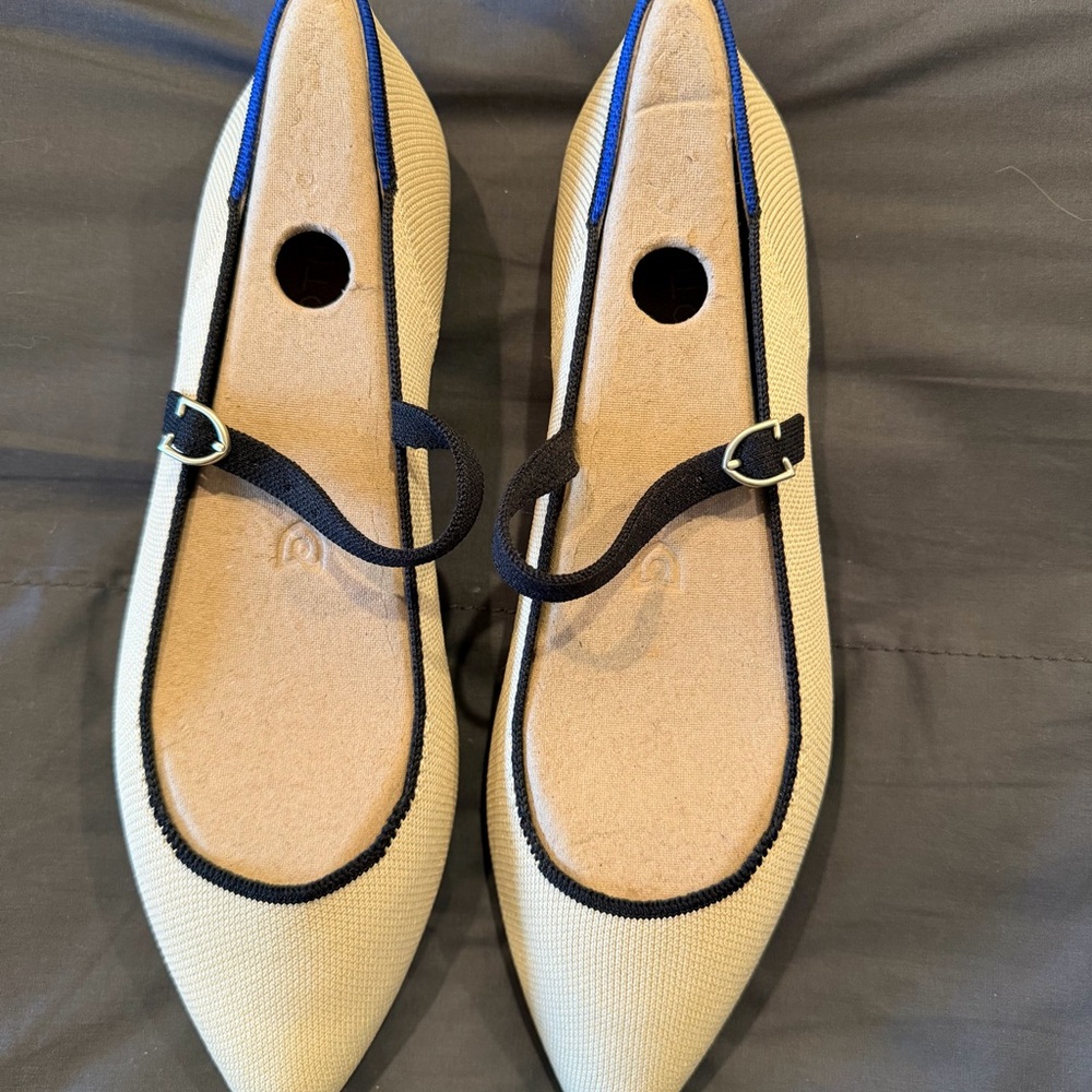 Rothy's Beige and Black Flats with Blue Trim